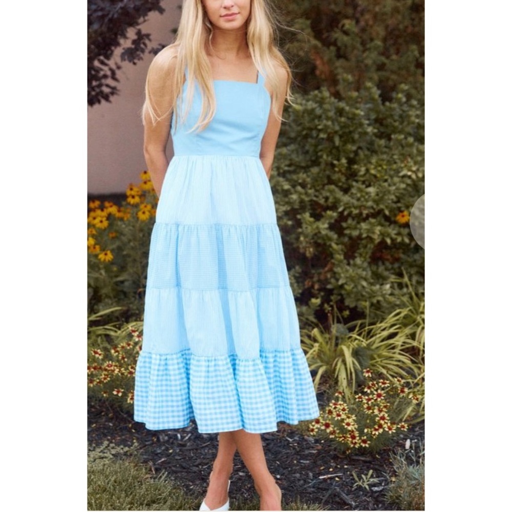 English Factory Light Blue Tiered Gingham Midi Dress - Picture 2 of 10